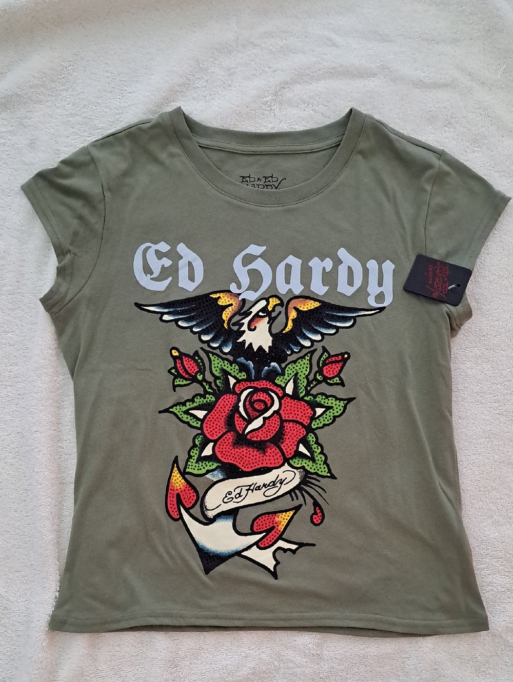ED HARDY FITTED TEE Eagle/Rose/Anchor Front Design On Army Green Tee, Size XL